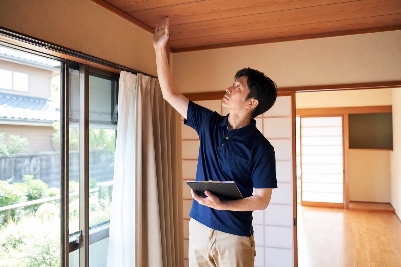 和室で天井の雨漏りを点検するスタッフ