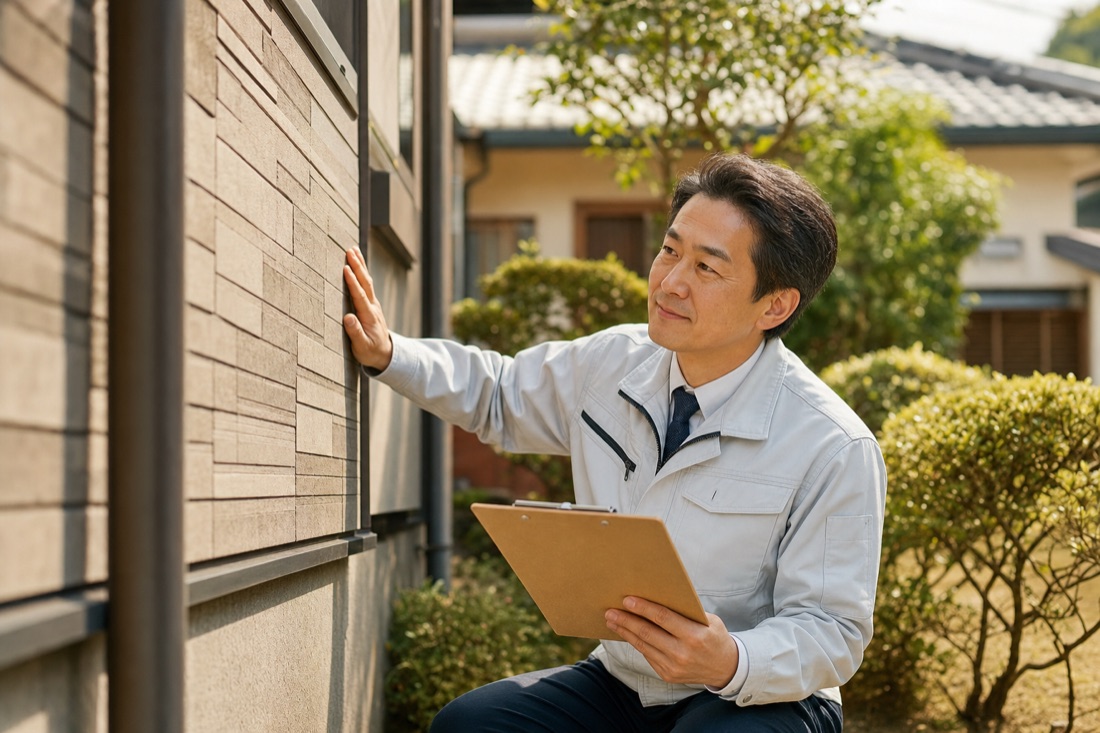 住宅の外壁を点検するスタッフ