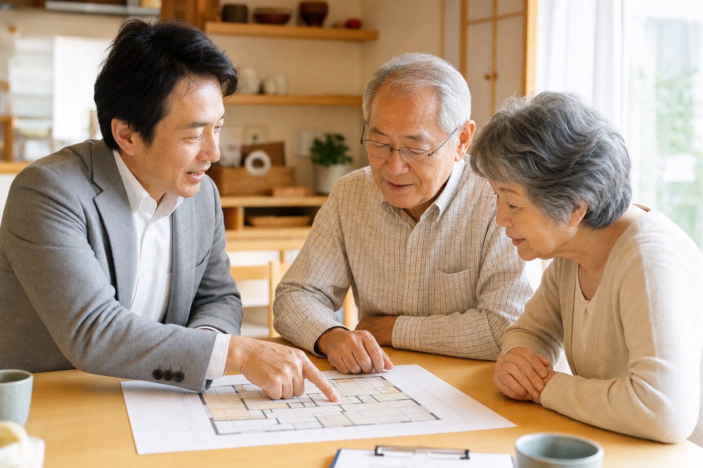 間取り図を見ながら相談に応じるスタッフとご夫婦