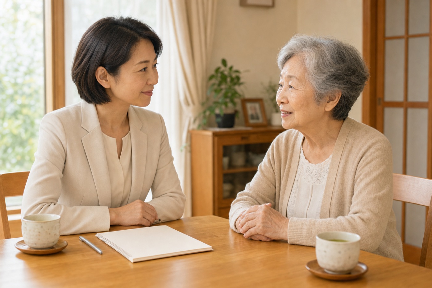 エンディングノートを前に話す相談員とご高齢の女性